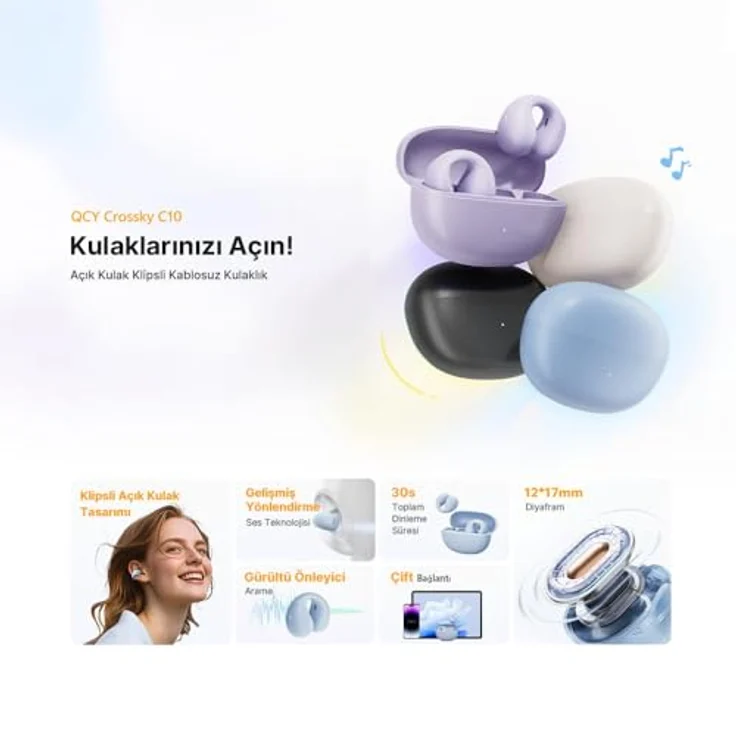 QCY Crossky C10, Kabellose Kopfhörer mit 30 Stunden Akkulaufzeit, Weiss, Clip-On-Design, Geräuschunterdrückung – Bild 2