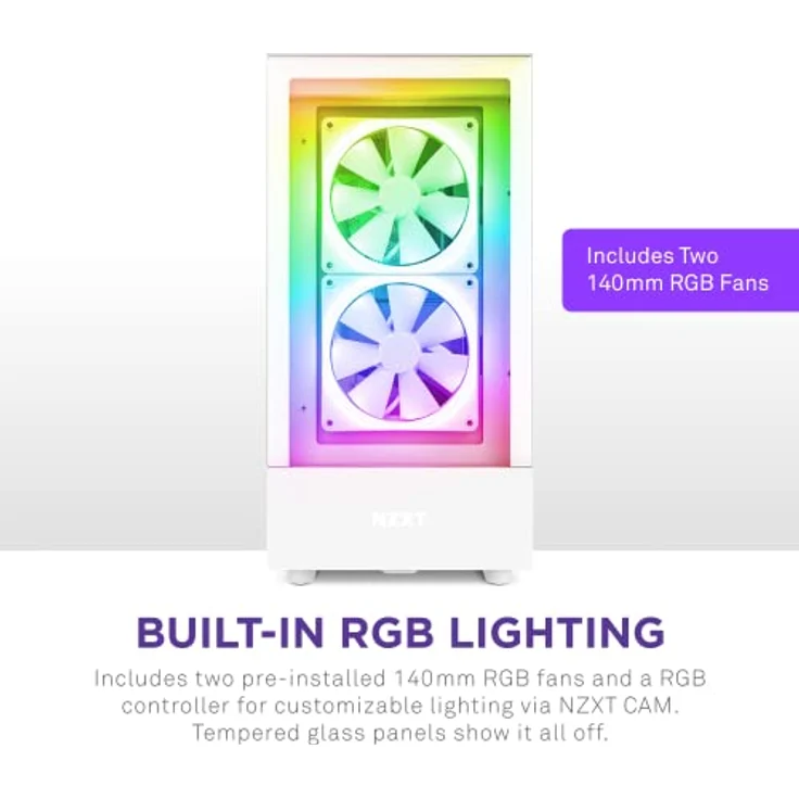 Nzxt H5 Elite - CC-H51EW-01 - Premium ATX Mid-Tower PC Gaming Gehäuse - Dual Tempered Glass Fenster - RGB Lüfter - Front I/O USB-C - Extra GPU - Wasserkühlung Ready - Weiß – Bild 3