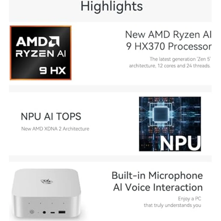 Beelink SER9 Mini PC, AMD Ryzen 9 AI HX 370(12C/24T bis zu 5,1GHz), 32GB LPDDR5X 1TB PCIe4.0 SSD Mini Gaming PC, 4K Triple Display, HDMI/DP/USB4.0, 2.5G LAN/WiFi 6/BT5.2, Schwarz – Bild 3