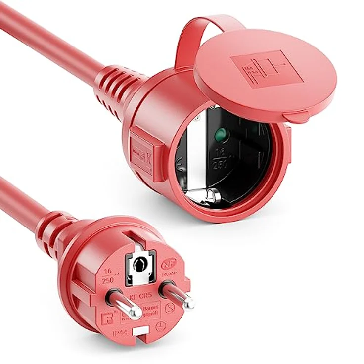 deleyCON 10m Outdoor Verlängerungskabel IP44, witterungsbeständiges Gummi-Stromkabel mit Schutzkontakt Stecker auf Buchse, rot – Bild 1