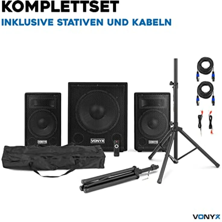 Vonyx VX0812BT, PA Anlage Komplettset mit aktivem Subwoofer, 2 passiven 8 Zoll Hochtönern, 800 Watt, Bluetooth, MP3 Player, USB, SD, Mikrofonanschluss, inkl. Boxenständer, mobiles DJ System – Bild 3