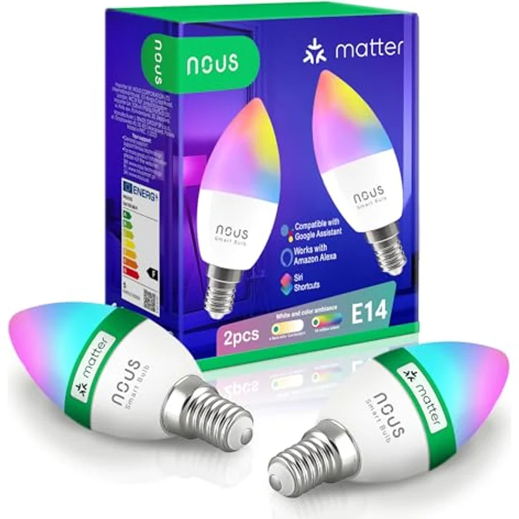 NOUS P4 Smarte WLAN Glühbirne E14, RGB LED, Alexa kompatibel, 16M Farben, 9W, 25.000h Lebensdauer, Matter Protokoll – Bild 1