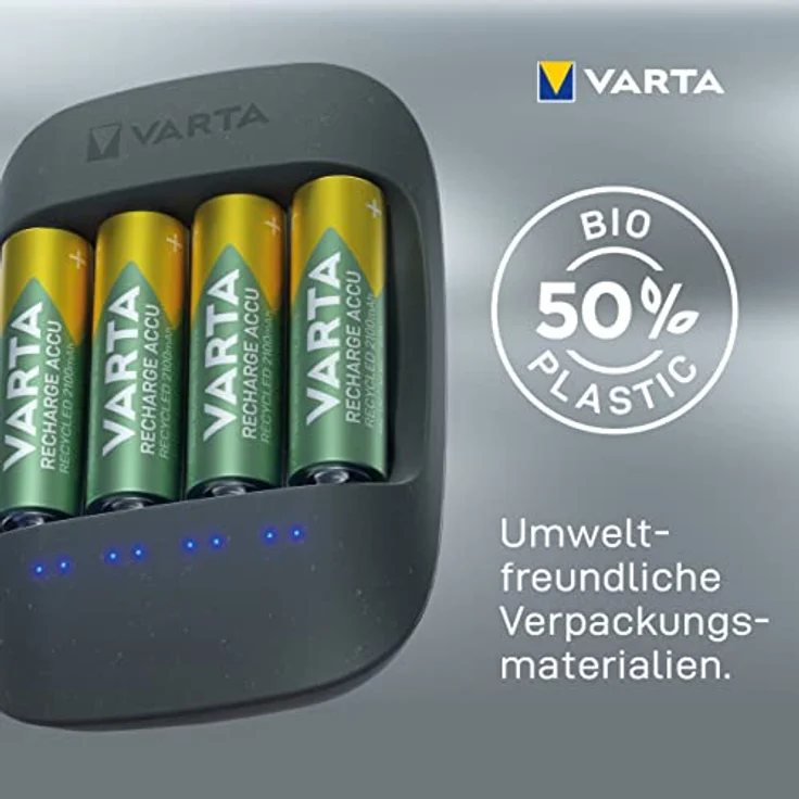 Varta Eco Charger (geeignet für 4 AA-AAA Akkus, Gehäuse aus 50% Bioplastik mit Einzelschacht- und Erhaltungsladung, inkl. 4x AAA 800 mAh Recharge Accu Recycled, Verpackung aus 90% recyceltem Material) – Bild 6