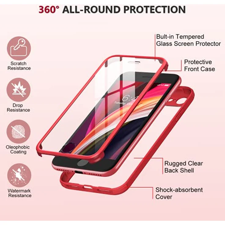 Miracase 360 Grad Hülle für iPhone SE 2022/SE 2020/iPhone 8, Ganzkörper Schutzhülle mit eingebauter Glas Displayschutzfolie, stoßfest, rot – Bild 2