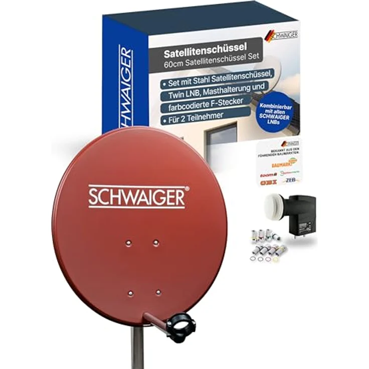 SCHWAIGER Satellitenschüssel Komplettset Ø 60 cm, Stahl Offset Antenne in Rot, inkl. Twin LNB für Digital HD & 4K Empfang, hitzebeständig & wetterfest, für 2 Teilnehmer – Bild 1