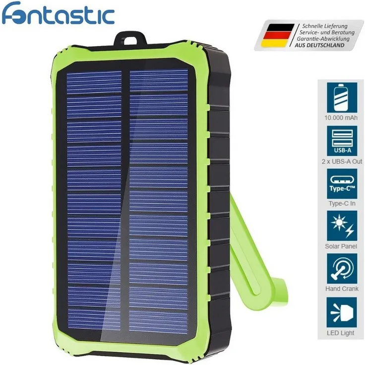 fontastic Solar Power Bank Crank10 Solar Powerbank, 10.000 mAh Handkurbel LED Lampe Outdoor USB-A / USB-C, schwarz