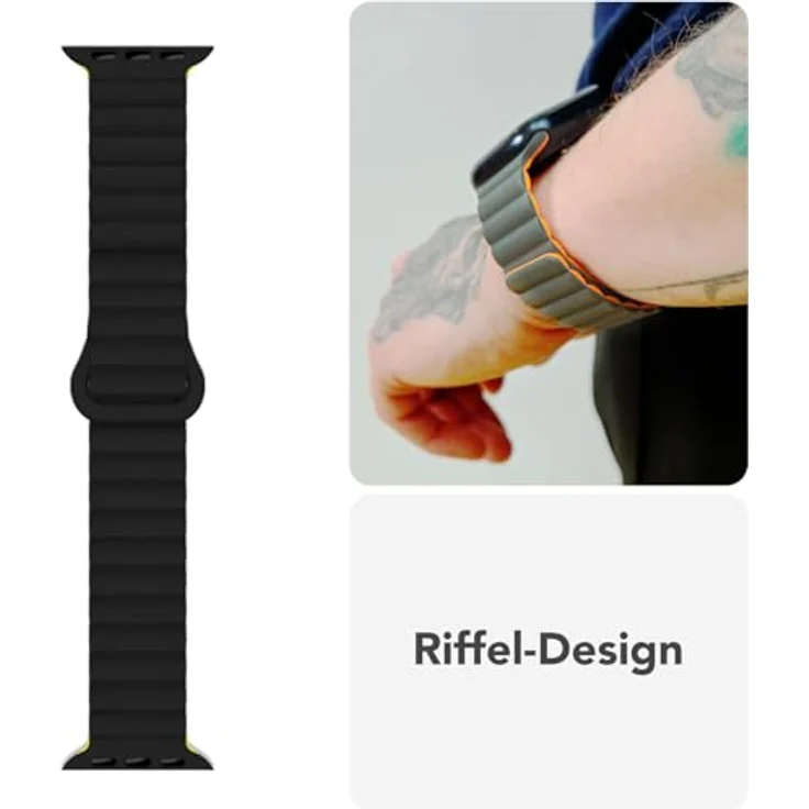 NALIA Core Magnet Armband für Apple Watch Ultra/SE/10/9/8/7/6/5/4/3/2/1, Atmungsaktives Silikon Loop mit Rillendesign, Farbe: Nachtschwarz Gelb, 42/44/45/46/49mm – Bild 4