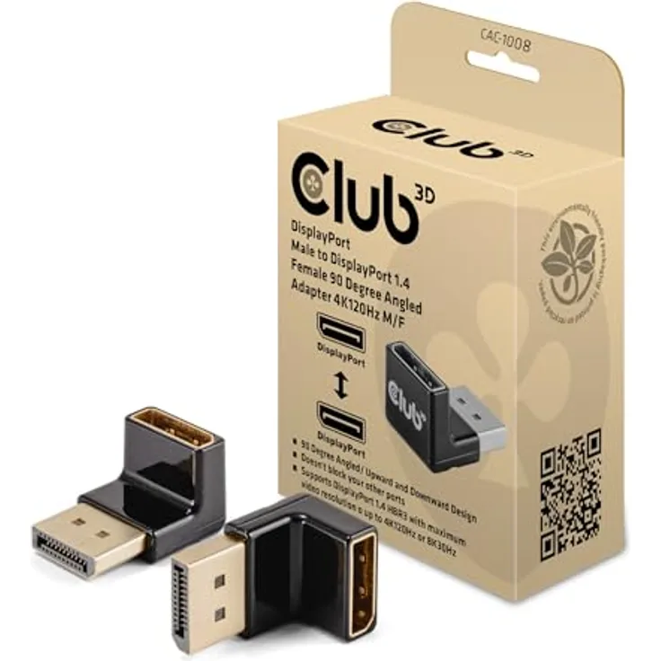 Club3D CAC-1008 DisplayPort Adapter, 90 Grad abgewinkelt, 4K120Hz M/F, Schwarz