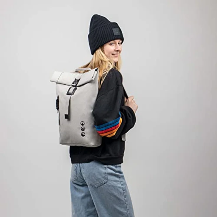 Roll-Top Rucksack Flach & Klein Daypack Alani - Leichter City-Rucksack - PET recycelt, wasserabweisend - mit herausnehmbarer Laptop-Hülle 14" Fahrrad-Rucksack Off-White – Bild 3