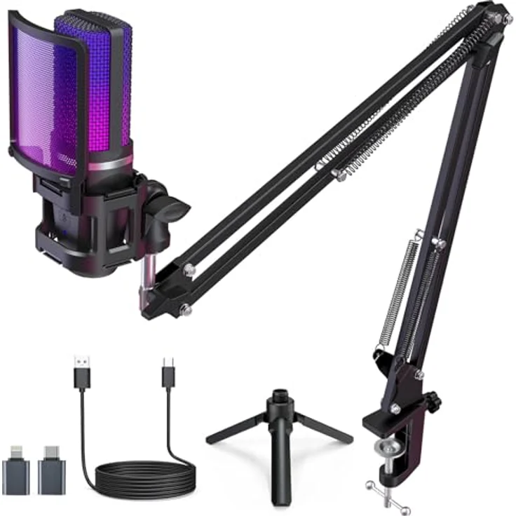zealsound A68S USB Mikrofon Set, Kondensator Mikrofon für Podcast mit Boomarm & Tischstativ, RGB-Beleuchtung, Plug & Play, 92kHz/24bit Audioqualität – Bild 1