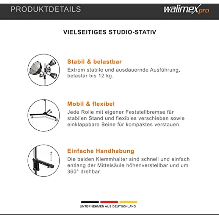 Walimex pro Roll-Stativ, 223cm, mit 2 Klemmhaltern – Bild 4
