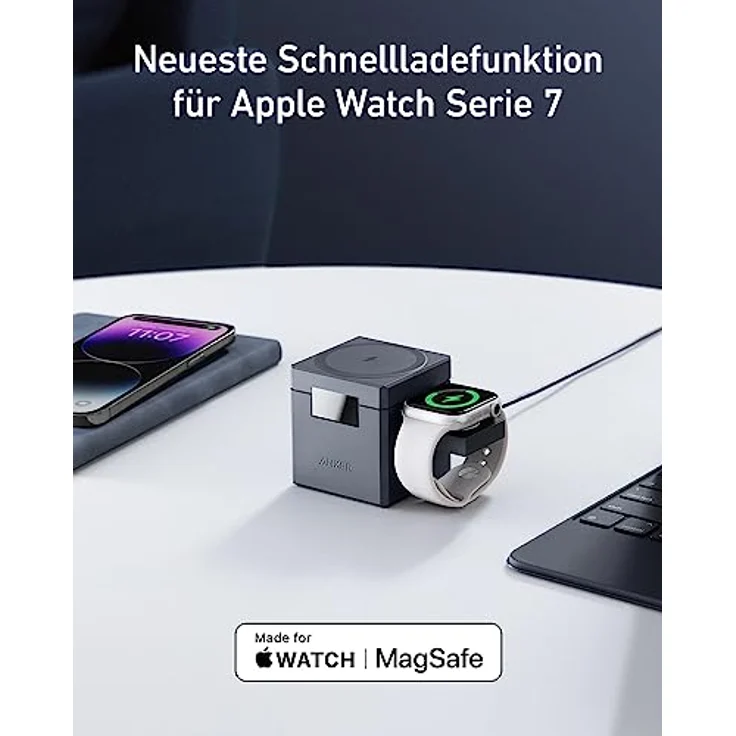Anker 3-in-1 Cube mit MagSafe, 15W kabellose Höchstladeleistung, Kompatibel mit iPhone 14/13 / 12 Serien, Apple Watch Serie 1-7 / SE, und AirPods Pro / 3/2 (Inklusive 30W Netzteil) – Bild 5