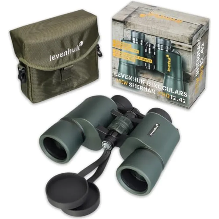 Levenhuk New Sherman PRO 12x42 Fernglas, 12-fache Vergrößerung, wasserdicht, olivgrün/schwarz