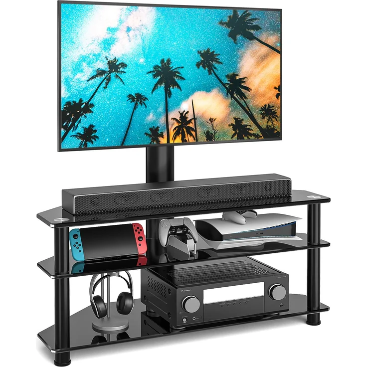 Rfiver TV Rack, Glas Fernsehtisch für 32-70 Zoll Fernseher, schwenkbar und höhenverstellbar, max. 50kg, VESA 600x400mm, schwarz