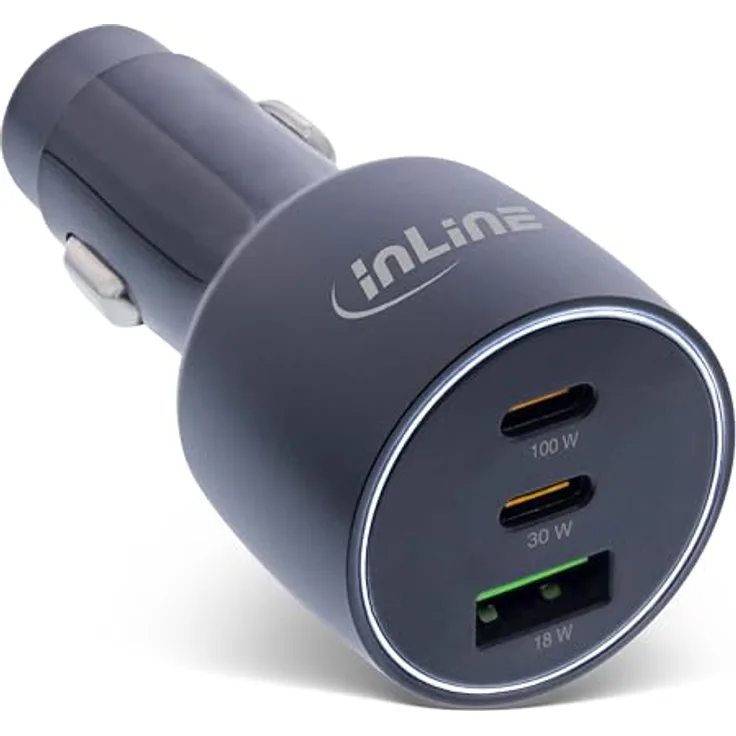 InLine USB-C KFZ-Ladegerät, 100W, 5A, 2x USB-C Power Delivery 3.0, 1x USB-A QC 3.0, mit weißem LED-Licht, Zigarettenanzünder, für Notebooks, iPhone/Pro/mini, iPad Pro/Air/mini, Galaxy und mehr