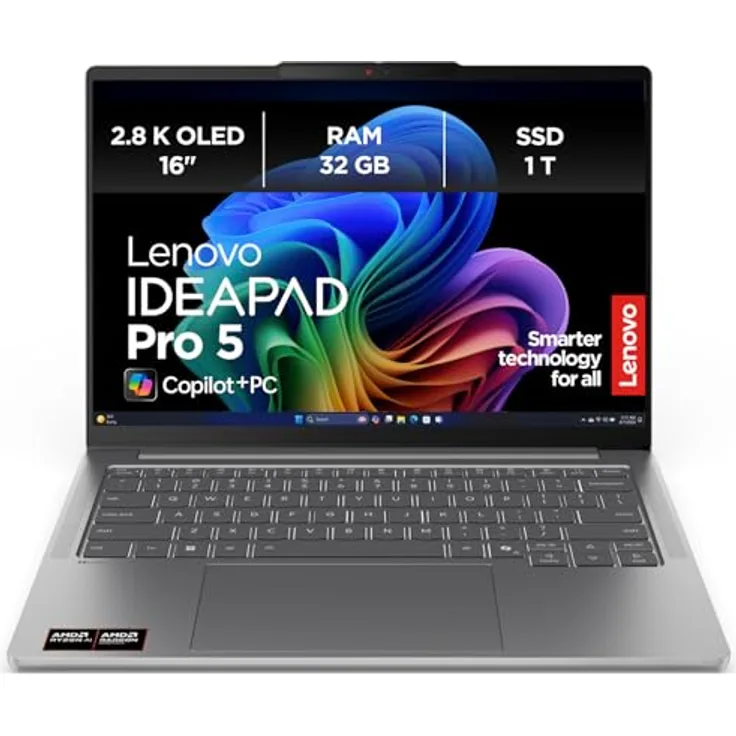 Lenovo IdeaPad Pro 5 AI Laptop | 16” 2.8K OLED Display | AMD Ryzen 7 350 | 32GB RAM | 1TB SSD | AMD Radeon Grafik | Windows 11 Home | Luna Grau | 3 Monate Premium Care