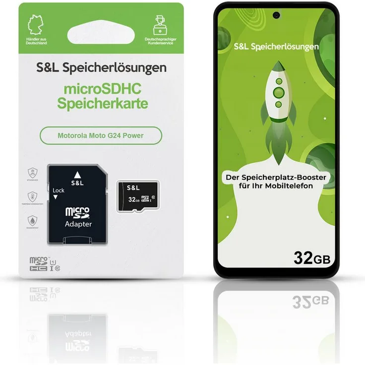 Tec-Expert microSD Karte S&L für Motorola Moto G24 Power, 32 GB, Class 10, wasserdicht und stoßfest