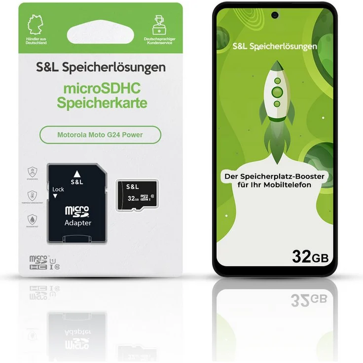 Tec-Expert microSD Karte S&L für Motorola Moto G24 Power, 32 GB, Class 10, wasserdicht und stoßfest