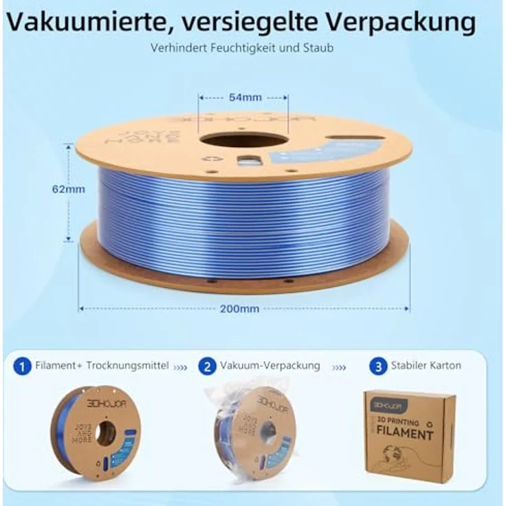 3DHoJor Silk PLA Filament 1.75mm 1KG, Blau-Silber, Zweifarbig, Seiden PLA, 100% vakuumversiegelt – Bild 5