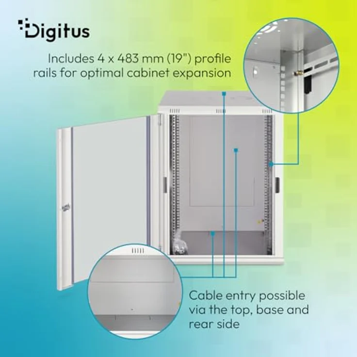 DIGITUS Netzwerkschrank Dynamic-N, 19-Zoll Rack 16HE, unmontiert, Wandmontage, 600 mm Tiefe, 60 kg Traglast, abschließbare Glastür, grau – Bild 5