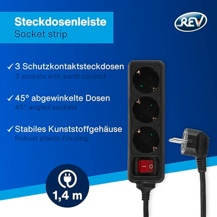 REV Ritter 0512371555 Steckdosenleiste 3 fach mit Schalter KS 1.4 m, schwarz – Bild 2