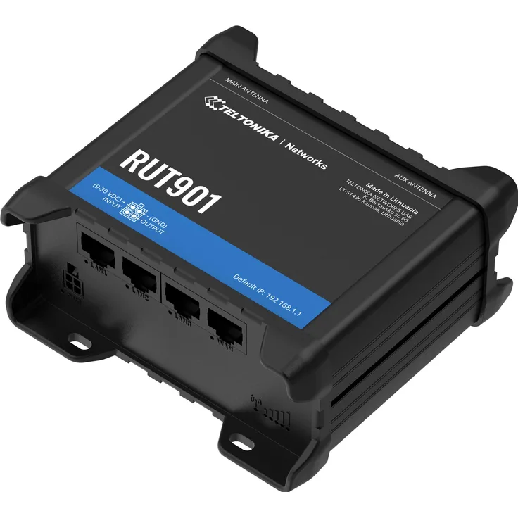 Teltonika RUT901 (EU) INDUSTRIAL, 4G Dual-SIM Router mit Wi-Fi und 4 Ethernet-Ports, Schwarz