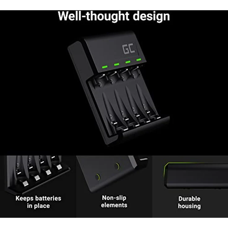 Green Cell VitalCharger Ladegerät mit 2x 2000mAh + 2x 800mAh Ni-MH AA/AAA, 4-Kanal-System, Micro USB-C, LED-Signalisierung – Bild 5