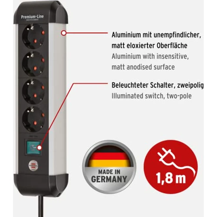 Brennenstuhl Premium-Alu-Line Steckdosenleiste 4-Fach/Steckerleiste aus hochwertigem Aluminium (Mehrfachsteckdose mit Schalter und 1,8m Kabel, Made in Germany) – Bild 2