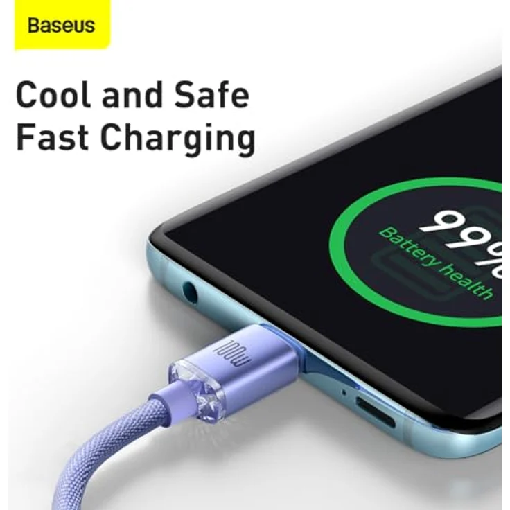 Baseus Crystal Shine Series USB-C Kabel, schnelles Aufladen und Datenübertragung, 100 W, 1,2 m, lila – Bild 3