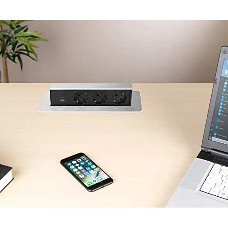 revolt Versenkbare Steckdose: Versenkbare 3-fach Einbau-Tischsteckdose, USB-C, PD & QC 3.0, silber (Versenkbare Steckdose mit USB, USB Hub Tisch, iPhone Ladestation) – Bild 5
