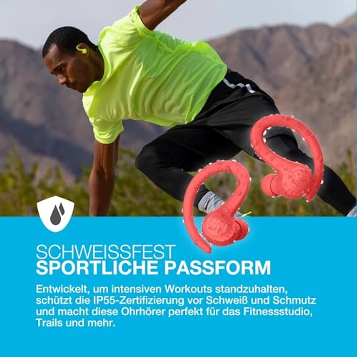 JLab Go Air Sport+, Bluetooth Sportkopfhörer mit 35+ Std. Akkulaufzeit, IP55 schweißresistent, USB-C Ladecase, Be Aware-Modus, korallenrot – Bild 3