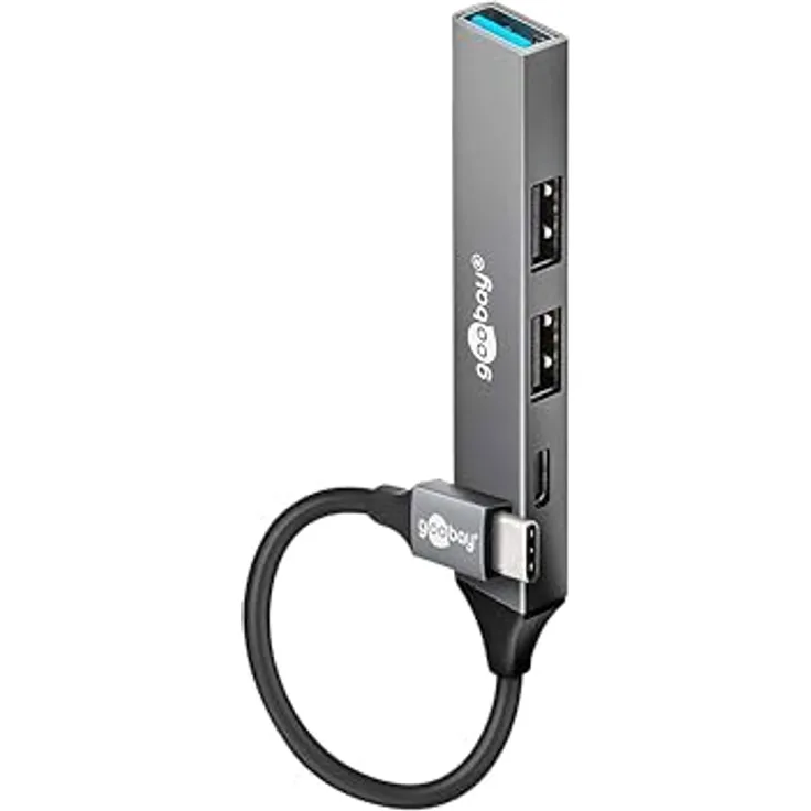 goobay 4-Port USB 3.2 Hub Slim, USB Verteiler mit USB-C zu 3X USB-A und 1x USB-C, 5 Gbits USB Splitter, Aluminiumgehäuse - 74459