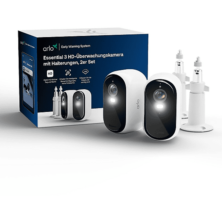 ARLO Essential 3 HD-Überwachungskamera, 2er Set mit Halterungen, Nachtsicht in Farbe, Zwei-Wege-Audio, integrierte Sirene