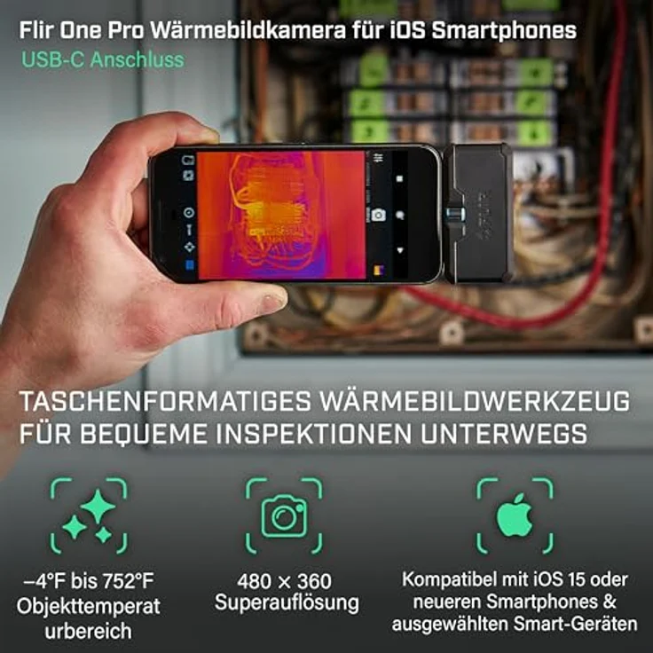 FLIR FP3IC Wärmebildkamera, Schwarz, 160 x 120 Pixel, thermische Empfindlichkeit 150 mK, USB-C, Akkulaufzeit bis 1 Stunde – Bild 2