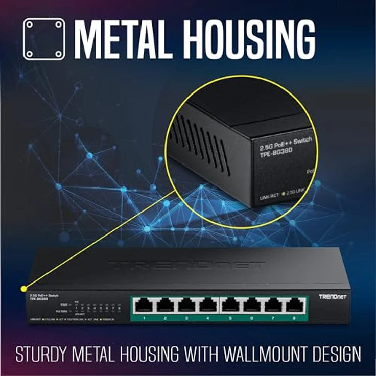 Trendnet 8-Port 2.5G PoE++ Switch, unmanaged Netzwerk Switch mit 230 Watt Gesamtbudget, 40 Gbit/s Switching-Kapazität, Jumbo-Frame-Unterstützung, Schwarz – Bild 5