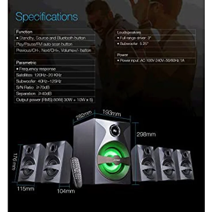 Fenda F3800X, 5.1-Kanal Bluetooth PC Lautsprecher mit integrierten UKW-Radio und Fernbedienung, Schwarz – Bild 11