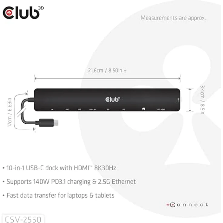 Club 3D Tragbare Dockingstation USB-C mit 2x USB-C, 3x USB-A, HDMI 8K, SD/TF Kartensteckplätzen, 140W Power Delivery, 2.5G Ethernet – Bild 4