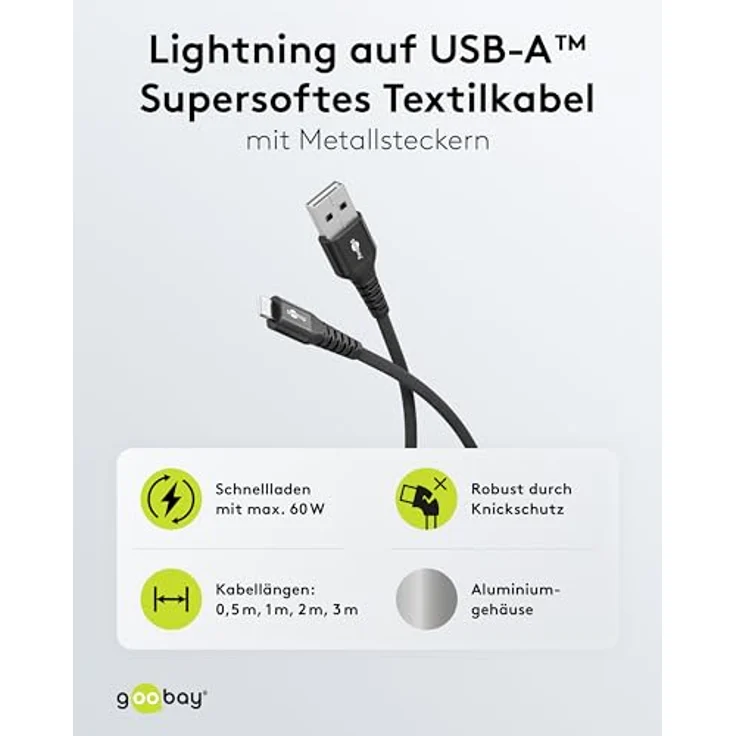goobay Lightning auf USB-A 60W, 2m flexibles Textilkabel mit 480 Mbit/s, schnelles Laden für Apple Geräte, schwarz – Bild 2
