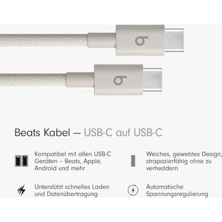 Beats USB-C auf USB-C Gewebtes Kabel, schnelles Laden bis 60 Watt, langlebiges und verwicklungsfreies Design, kompatibel mit Apple und Android USB-C Produkten (1,5 m) – Energie-Grau – Bild 2