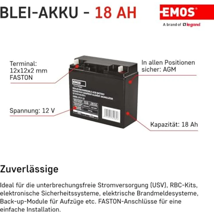 EMOS Wartungsfreier Bleiakku 12V 18Ah AGM Batterie für Notbeleuchtung Alarmsysteme USV-Geräte Ventilgesteuert Sicherheitsventile 181x77x167 mm – Bild 2