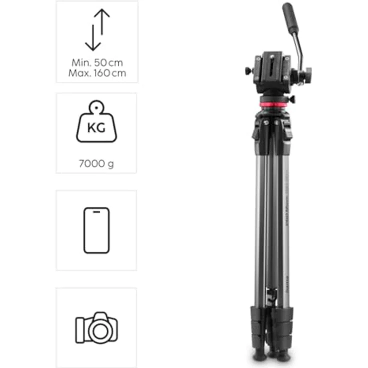 Hama Dreibeinstativ PRO Move 160 2D+, Videostativ für Kamera und Handy, 160cm, leichtes Stativ mit 2D-Fluidneiger, schwarz – Bild 4