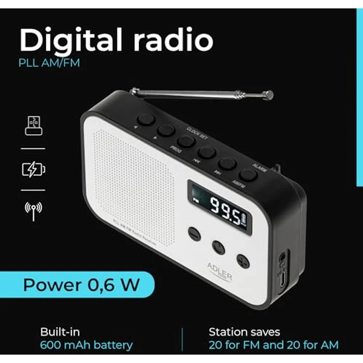 Adler AD 1907 PLL AM/FM-Digitalradio, modernes Radio mit Weckerfunktion, USB-C-Anschluss, weiß/schwarz – Bild 9
