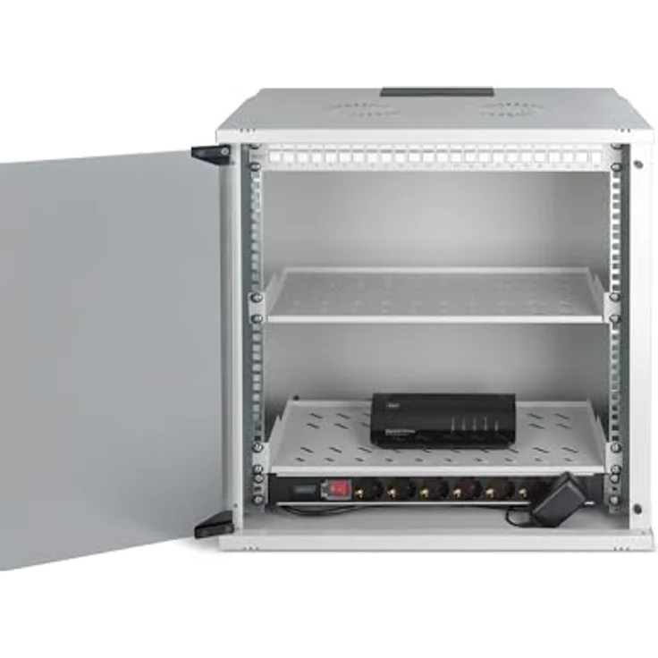 DIGITUS 19 Zoll Netzwerk-Set, 12HE Netzwerkschrank mit 2 Fachböden, 24-Port Patch Panel, 24 Keystone Module, 30 Patchkabel, Steckdosenleiste, unmontiert, SOHO PRO-Serie, Grau – Bild 3