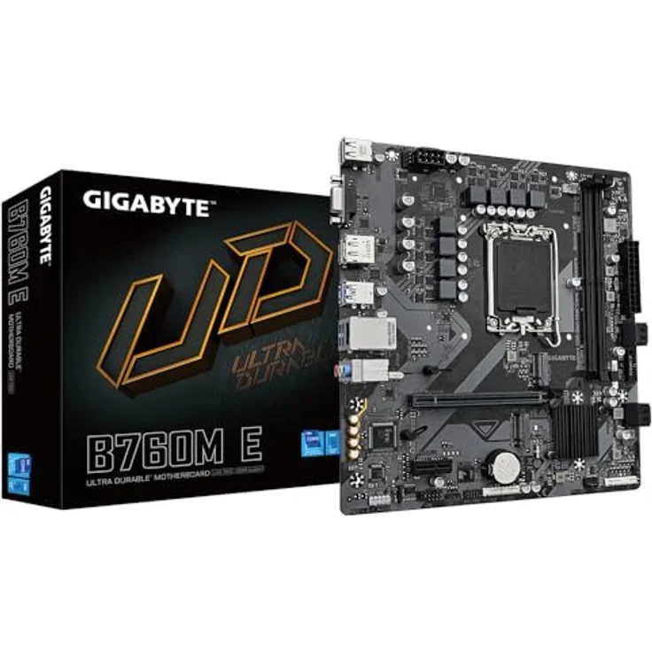 Gigabyte B760M E Mainboard - Unterstützt Intel Core Prozessoren der 14. Generation, 6+1+1 Phasen VRM, bis zu 7200 MHz DDR5 (OC), 2xPCIe 4.0 M.2, 1 GbE LAN, USB 3.2 Gen 1 – Bild 1