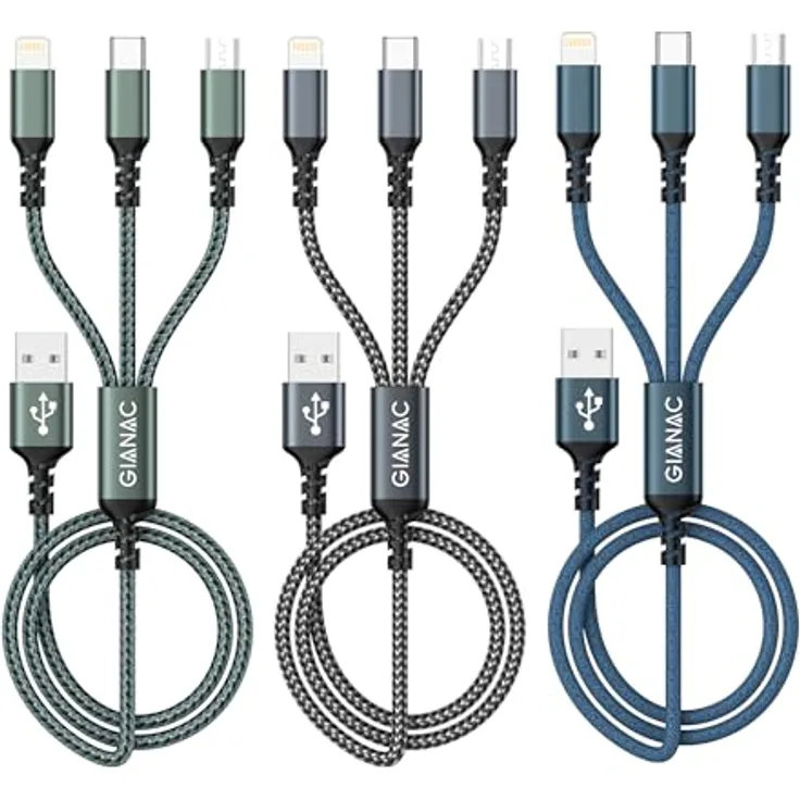 GIANAC Multi USB Kabel 3 in 1 [3 Stück, 1.2M, Blau/Grau/Grün] Schnelles Ladegerät mit iPhone, Micro USB und USB Typ C Anschluss, kompatibel mit iPhone, Samsung, Huawei und mehr