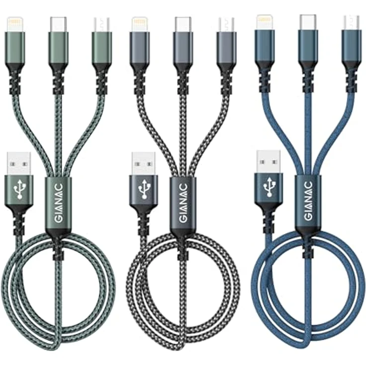 GIANAC Multi USB Kabel 3 in 1 [3 Stück, 1.2M, Blau/Grau/Grün] Schnelles Ladegerät mit iPhone, Micro USB und USB Typ C Anschluss, kompatibel mit iPhone, Samsung, Huawei und mehr – Bild 1