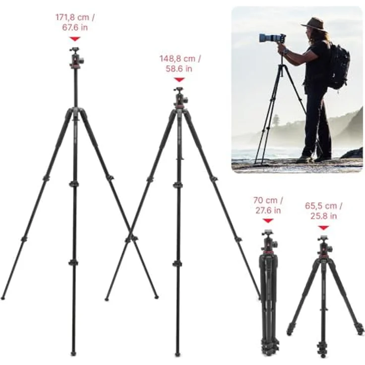 Manfrotto 190X AS Aluminium Kamerastativ mit Kugelkopf, 10 kg Traglast, Arca-Swiss Platte, Quick Power Lock - für DSLR und spiegellose Kamera – Bild 5