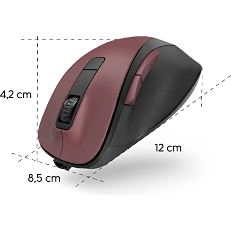 Hama ergonomische Maus (Funkmaus, 6 Tasten, 2,4GHz, BlueWave, 800/1200/1600dpi, optische Maus kabellos, wireless, Maus ergonomisch, Computermaus, für Laptop/PC, Akku, Rechtshänder) bordeaux rot – Bild 5