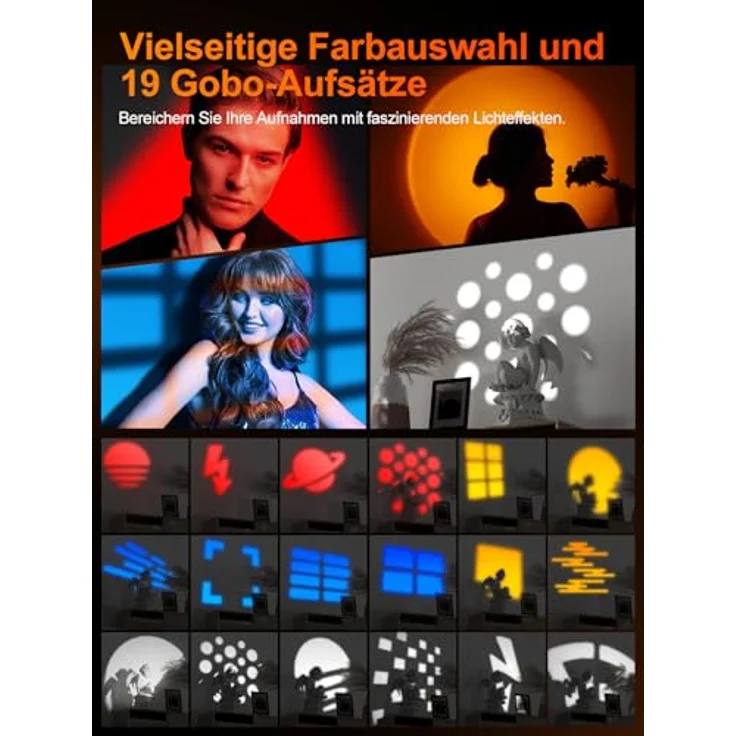 Rollei Photoolex GOBO Light, LED Taschenlampe Fotografie mit 10 Watt Leistung, 4 Farben (Rot, Blau, Gelb, Weiß), 19 GOBO Aufsätzen, 8400 mAh Akku und Diffusor für professionelle Video-Beleuchtung – Bild 2