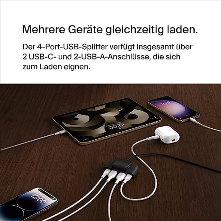 Belkin 4-Port USB-Splitter mit 2-m-Kabel, 2 USB-C- und 2 USB-A-Ports, USB-Adapter mit 30 W Leistung, Schnellladen des iPhone 14 und Samsung Galaxy S23, umweltfreundliche Ausführung, Abnehmbarer Clip – Bild 2